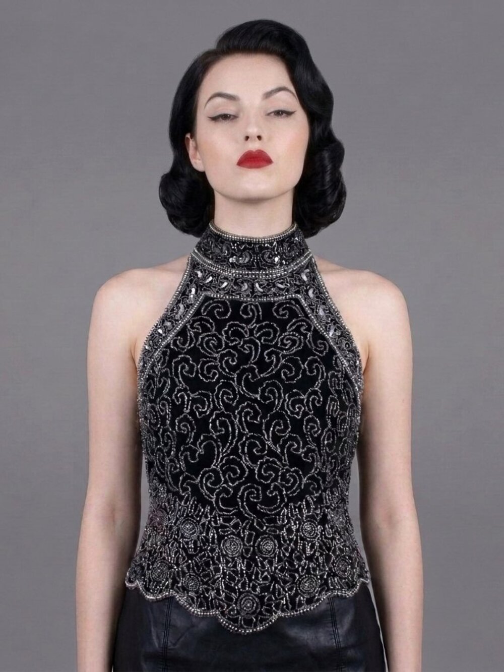 Vintage 80s Adrianna Papell Silk Beaded Sequin Top Black Silver Evening Party S